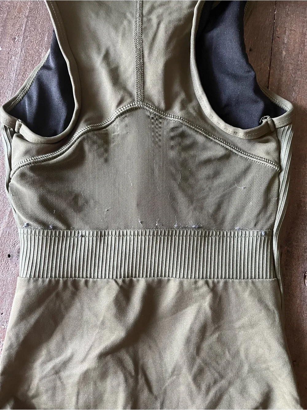 Olive Green Ribbed Zip-Front One-Piece Leotard
